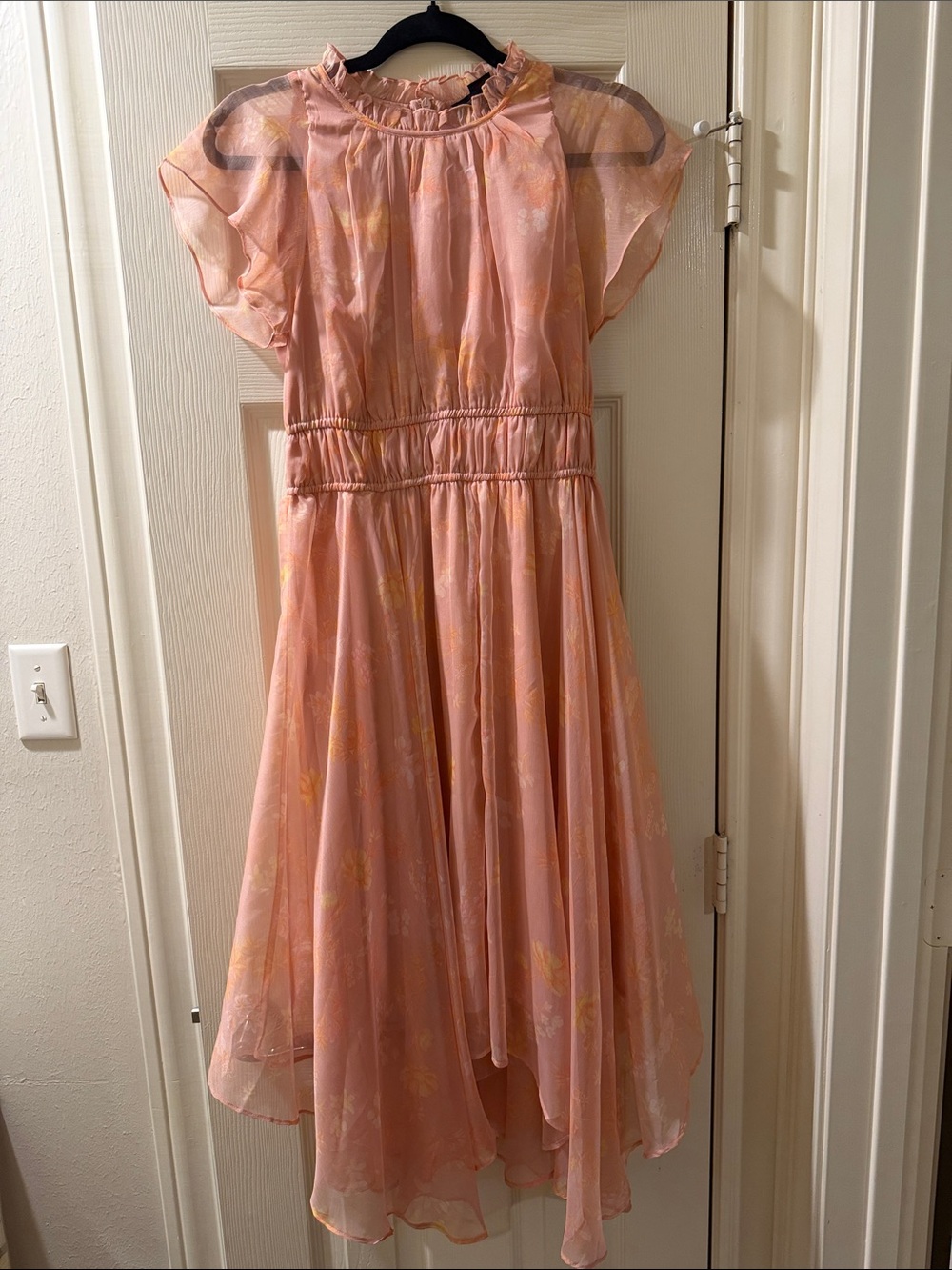 French Connection Blush Pink Floral Ruffled Midi Dress